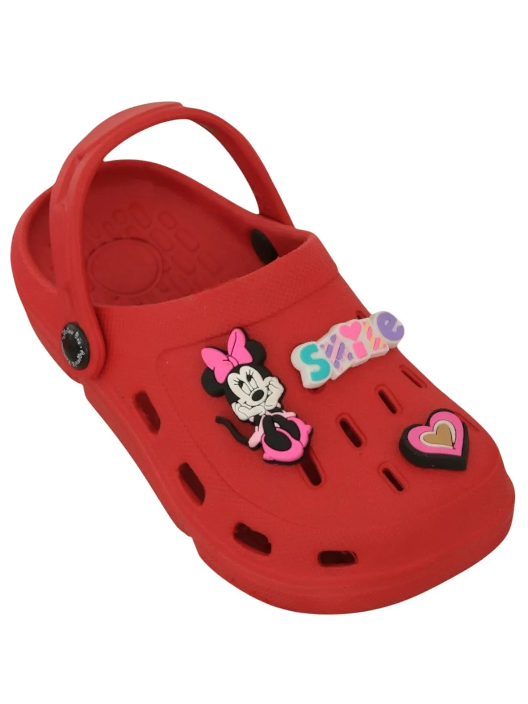 Yellow Bee Girls’ Disney Minnie Mouse Clogs with Smile & Heart Charms – Red