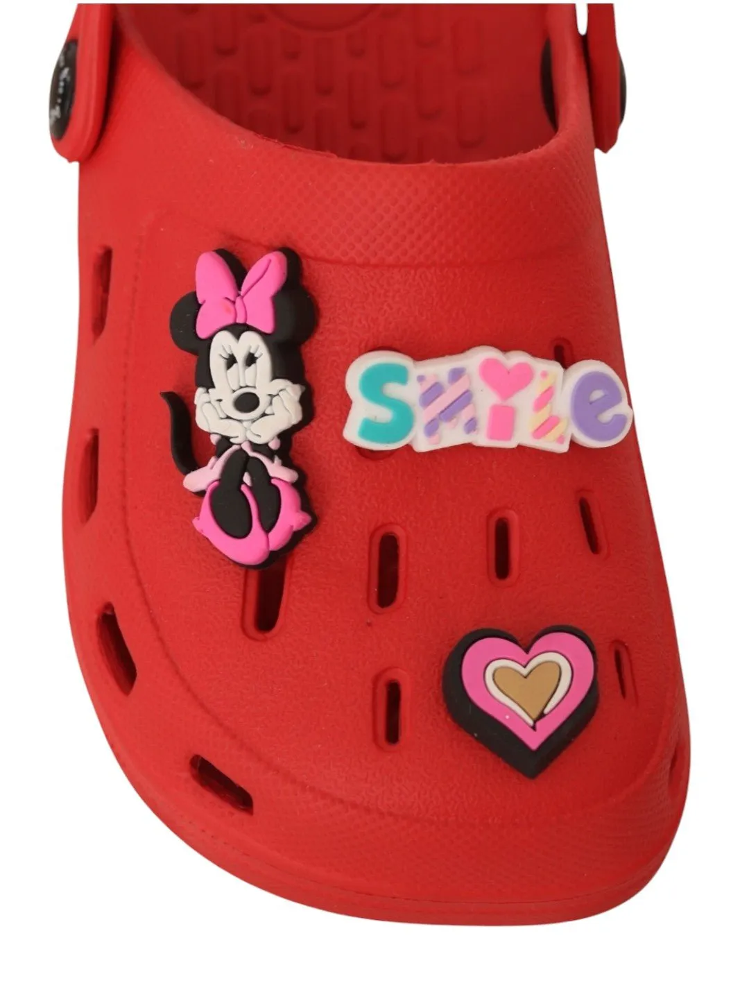 Yellow Bee Girls’ Disney Minnie Mouse Clogs with Smile & Heart Charms – Red